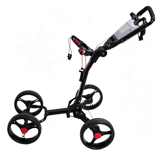 Eliteshine V410 ultralight 4-wheel golf push trolley left side view showing ultra-slim black frame, 4 red ball clips, red cord hand brake and 3-spoke EVA wheels with red centre caps