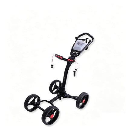 Eliteshine V410 ultralight 4-wheel golf push trolley main view in all-black ultra-slim aluminum alloy with 3-spoke EVA wheels and clear scorecard panel