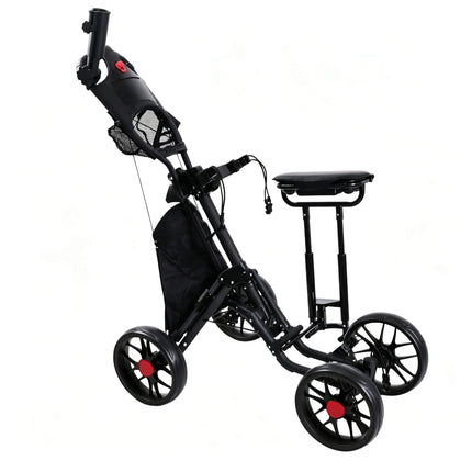 Eliteshine V415 4-wheel golf push trolley all-black colour variant with black 10-spoke EVA wheels, padded stool seat, storage bag and umbrella holder