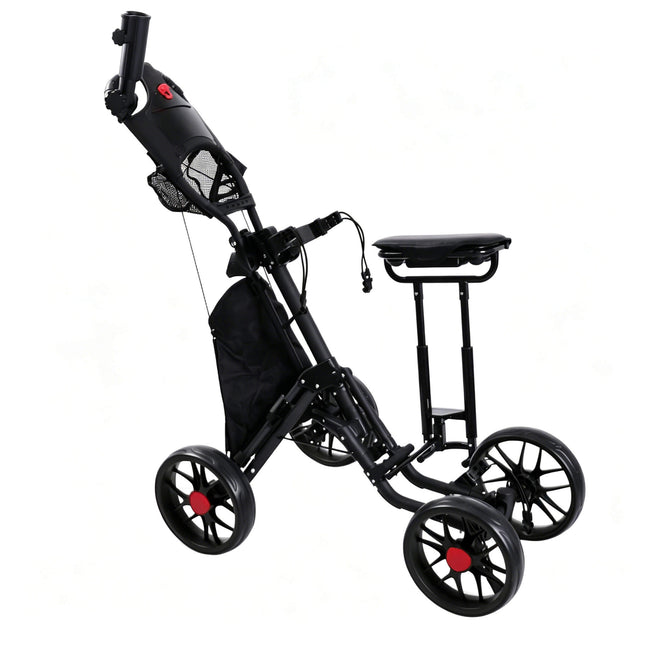 Eliteshine V415 4-wheel golf push trolley all-black colour variant with black 10-spoke EVA wheels, padded stool seat, storage bag and umbrella holder