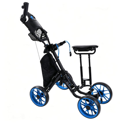 Eliteshine V415 4-wheel golf push trolley black and blue colour variant showing blue 10-spoke EVA wheels with colour-matched blue brake cord and accents