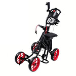 Eliteshine V415 4-wheel golf push trolley main view in black and red showing fold-out padded stool seat, large mesh ball net, storage bag and 10-spoke wheels