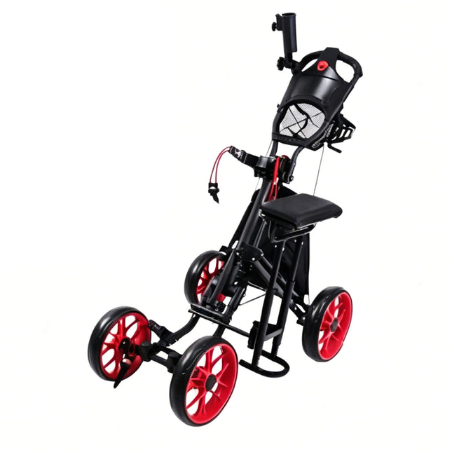 Eliteshine V415 4-wheel golf push trolley main view in black and red showing fold-out padded stool seat, large mesh ball net, storage bag and 10-spoke wheels