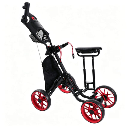 Eliteshine V415 4-wheel golf push trolley black and red colour variant showing red 10-spoke EVA wheels with colour-matched red brake cord, padded stool seat and storage bag