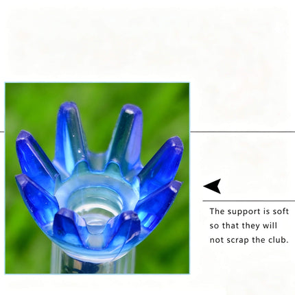 Close-up of Eliteshine T101 golf tee blue rubber multi-prong crown showing flexible prong tips that protect clubhead