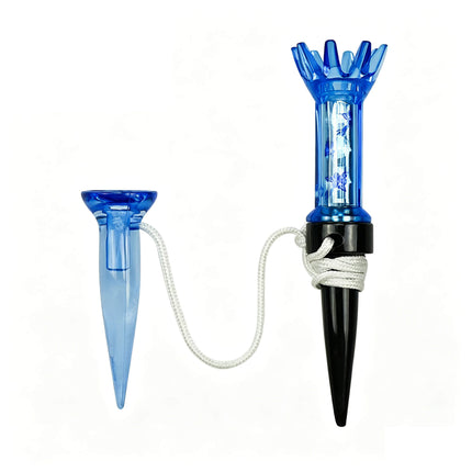 Eliteshine T101 magnetic golf tee in blue showing full set with retriever tee connected by cord on white background
