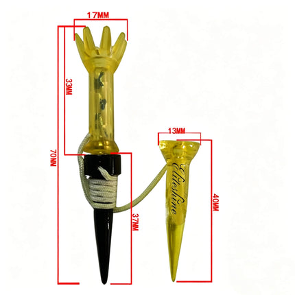 Size diagram of Eliteshine T101 magnetic golf tee showing 70mm total height, 17mm crown width, 37mm spike, and 40mm retriever tee
