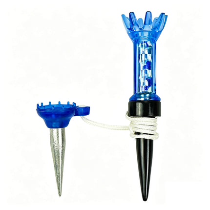 Eliteshine T102 magnetic golf tee in blue showing 8-prong rubber crown, transparent body, metal cap, and retriever tee with braided cord