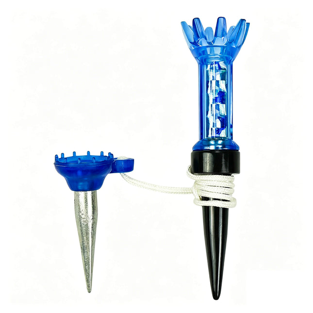 Eliteshine T102 magnetic golf tee in blue showing 8-prong rubber crown, transparent body, metal cap, and retriever tee with braided cord