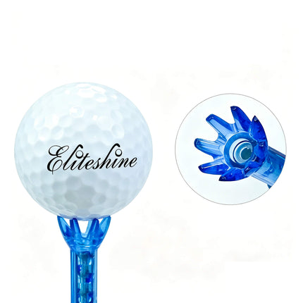 Eliteshine T102 magnetic golf tee lifestyle shot showing golf ball seated on blue 8-prong crown tee with close-up of prong detail