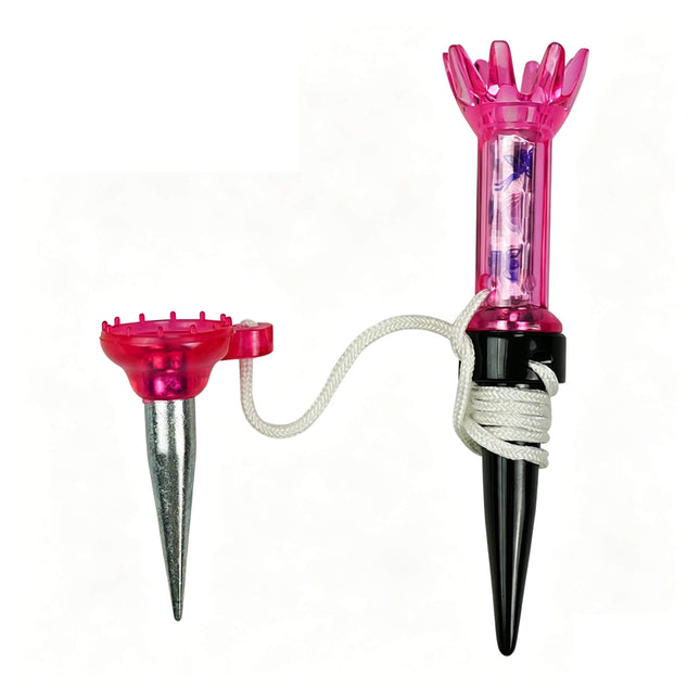 Eliteshine T102 magnetic golf tee in pink showing 8-prong rubber crown, metal cap collar, and retriever tee with braided cord
