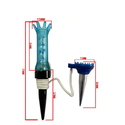 Size diagram of Eliteshine T102 magnetic golf tee: 73mm total height, 36mm body, 37mm spike, 15mm crown width, 35mm retriever tee