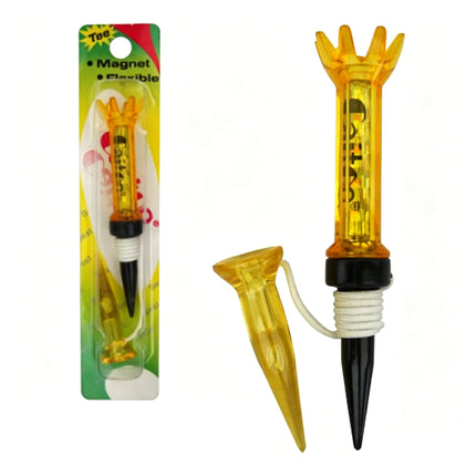 Eliteshine T105 magnetic golf tee retail blister card packaging showing yellow tee set with magnet and flexible labels