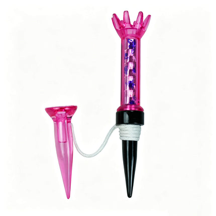 Eliteshine T105 magnetic golf tee in pink showing full set with cone retriever tee and braided cord on white background