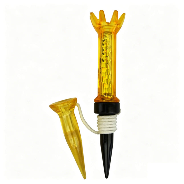 Eliteshine T105 magnetic golf tee in yellow showing full set with cone retriever tee and braided cord on white background