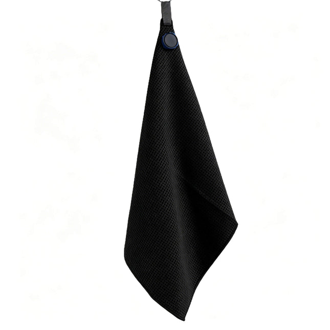 Eliteshine MH-D magnetic golf towel in black — super-micro fibre waffle with silicone magnetic badge, karabiner clip, and locked overlock edge