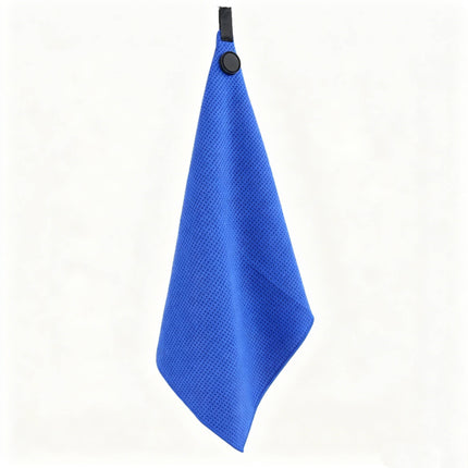Eliteshine MH-D magnetic golf towel in green, blue, and red — hanging from black ribbon loops with silicone magnetic badge on white background