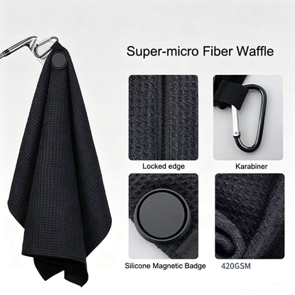 Eliteshine MH-D magnetic golf towel detail infographic — showing locked edge stitching, karabiner clip, silicone magnetic badge, and 420gsm super-micro fibre waffle texture