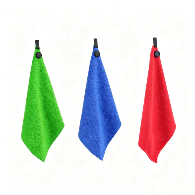Eliteshine MH-D magnetic golf towel in black — hanging from golf iron via magnetic badge, showing full waffle texture and locked edge finish