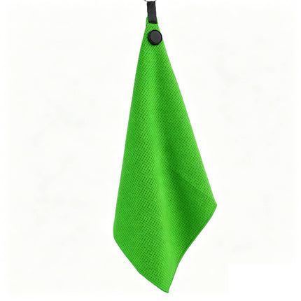 Eliteshine MH-D magnetic golf towel in green — 420/450gsm super-micro fibre waffle with silicone magnetic badge and black ribbon loop