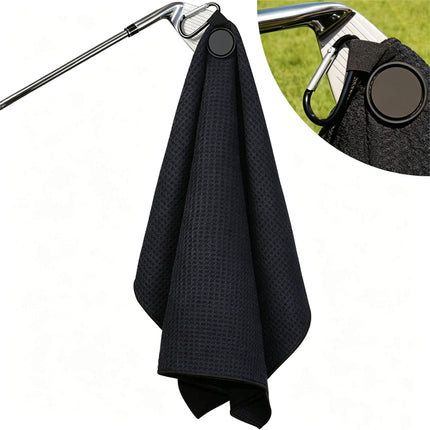Eliteshine MH-D magnetic golf towel in black — snapped onto golf iron shaft via silicone magnetic badge with karabiner clip detail inset