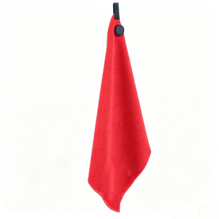 Eliteshine MH-D magnetic golf towel in red — 420/450gsm super-micro fibre waffle with silicone magnetic badge and black ribbon loop on white background