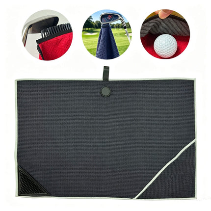 Eliteshine MH-E diagonal pocket golf towel in grey — rectangular format laid flat on wooden surface showing waffle texture, magnetic button, karabiner clip, and ribbon loop