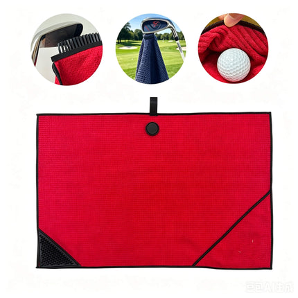 Eliteshine MH-E diagonal pocket golf towel in grey square format — laid flat on wooden surface with magnetic button, karabiner clip, and ribbon loop at top edge