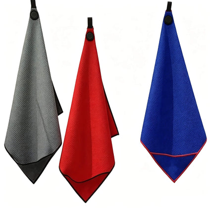 Eliteshine MH-E diagonal pocket golf towel in grey, red, and blue — hanging from magnetic button clips on white background showing full waffle cotton face and diagonal pocket detail