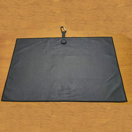 Eliteshine MH-E diagonal pocket golf towel in grey rectangular format — 420/450gsm waffle cotton with magnetic button, karabiner clip, and ribbon loop